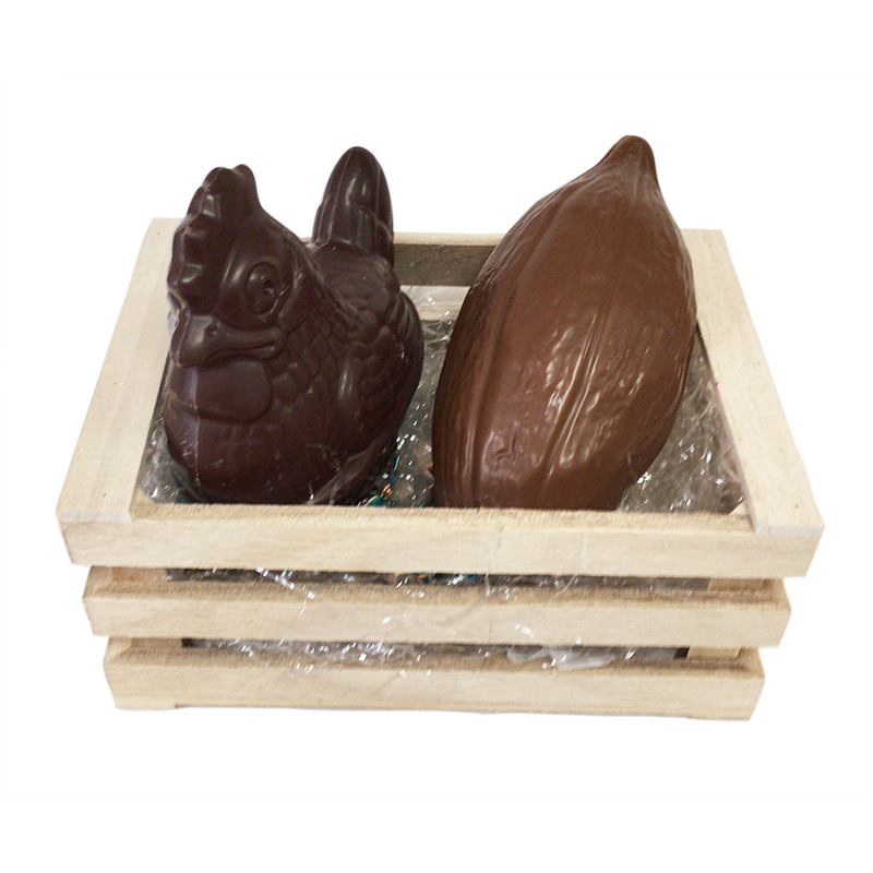 Coffret de Pâques : Poule et cabosse en chocolat sans sucre ajouté